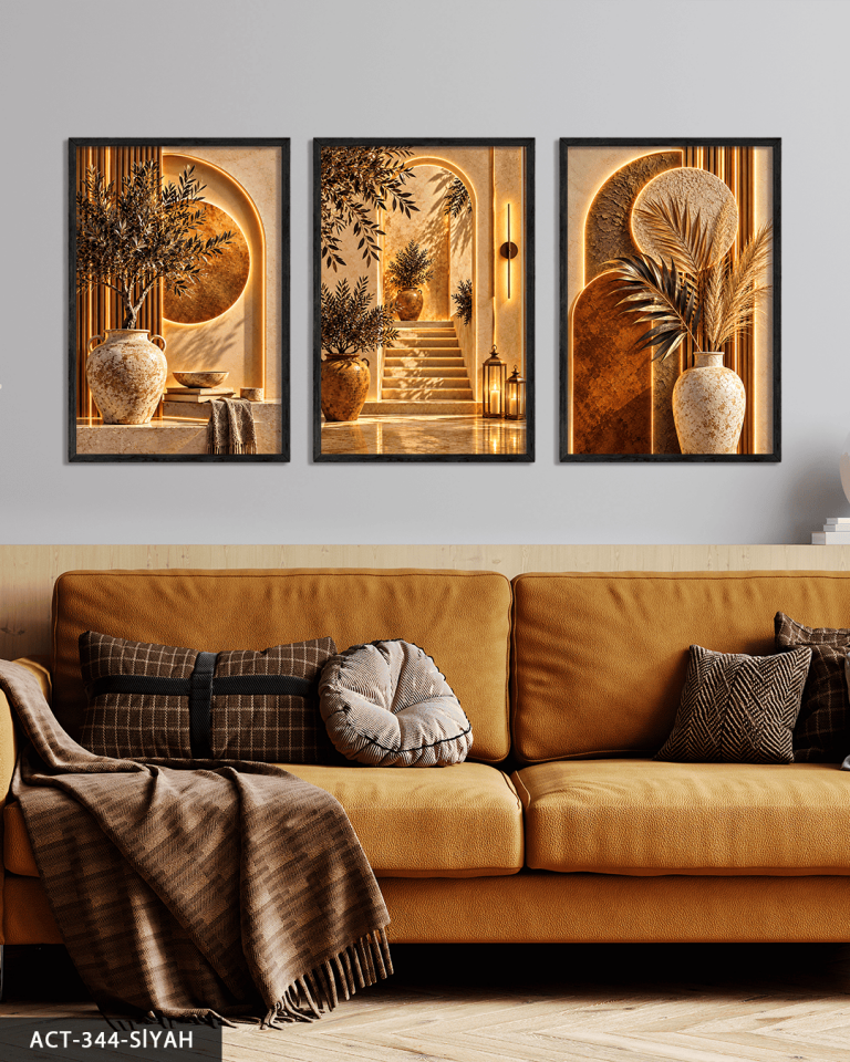 Boho Tarzda Taş Ev 3 Parça Ahşap Çerçeveli Tablo ACT Siyah - 40 x 60 CM