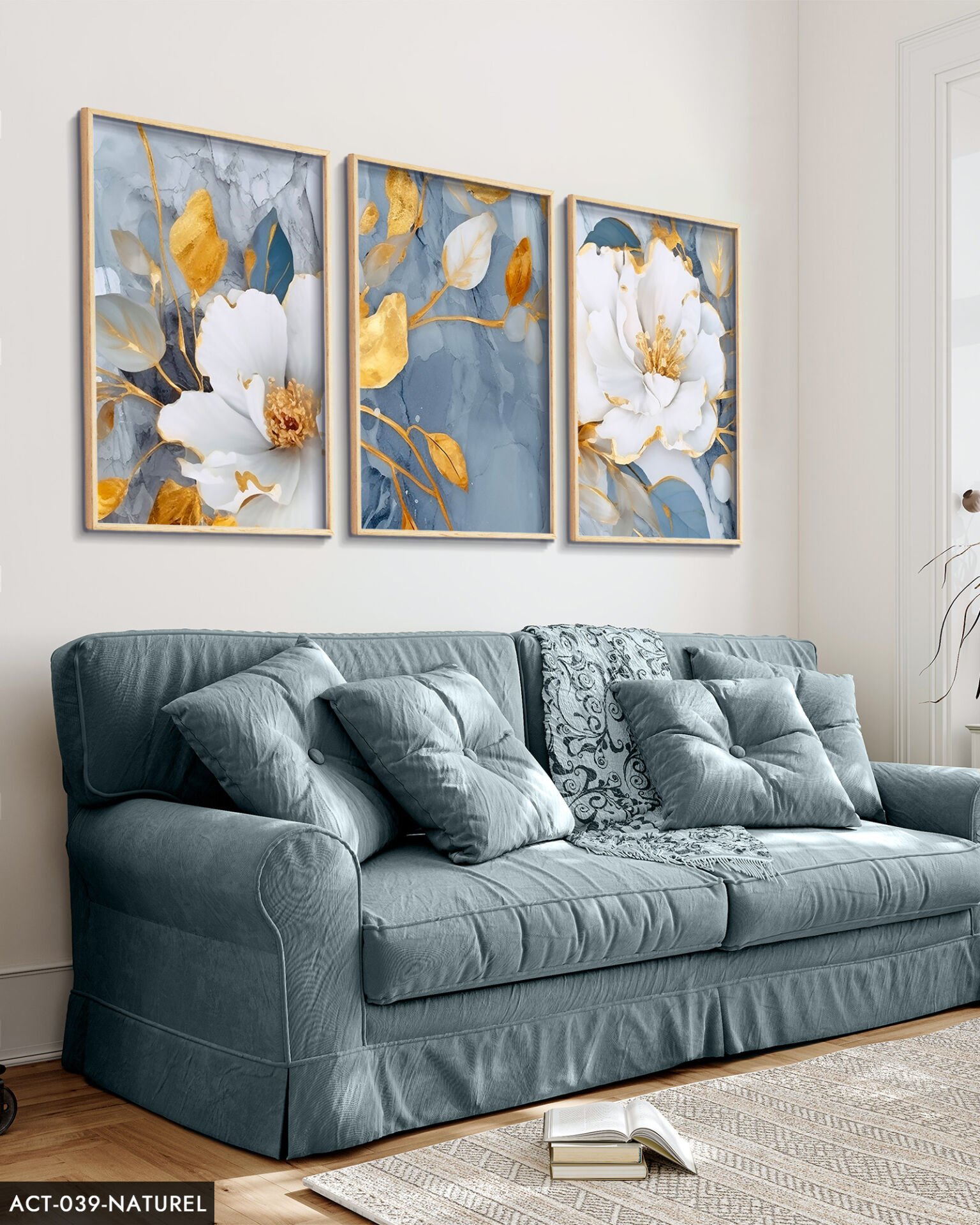 Mavi Renk Çiçekler 3 Parça Ahşap Çerçeveli Tablo ACT Siyah - 30 x 40 CM
