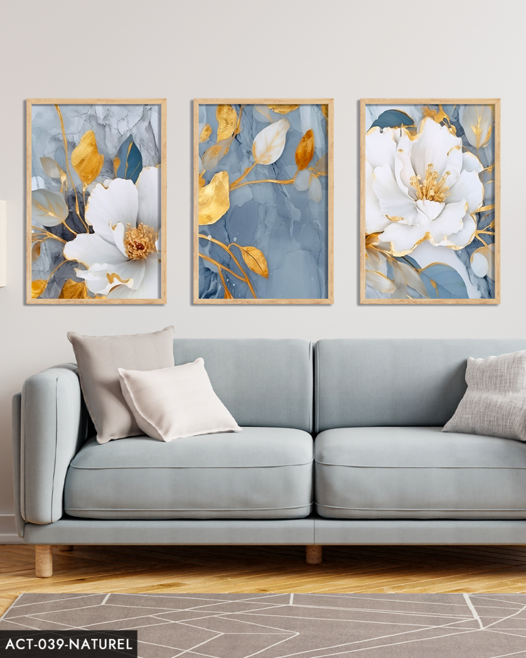 Mavi Renk Çiçekler 3 Parça Ahşap Çerçeveli Tablo ACT Siyah - 30 x 40 CM
