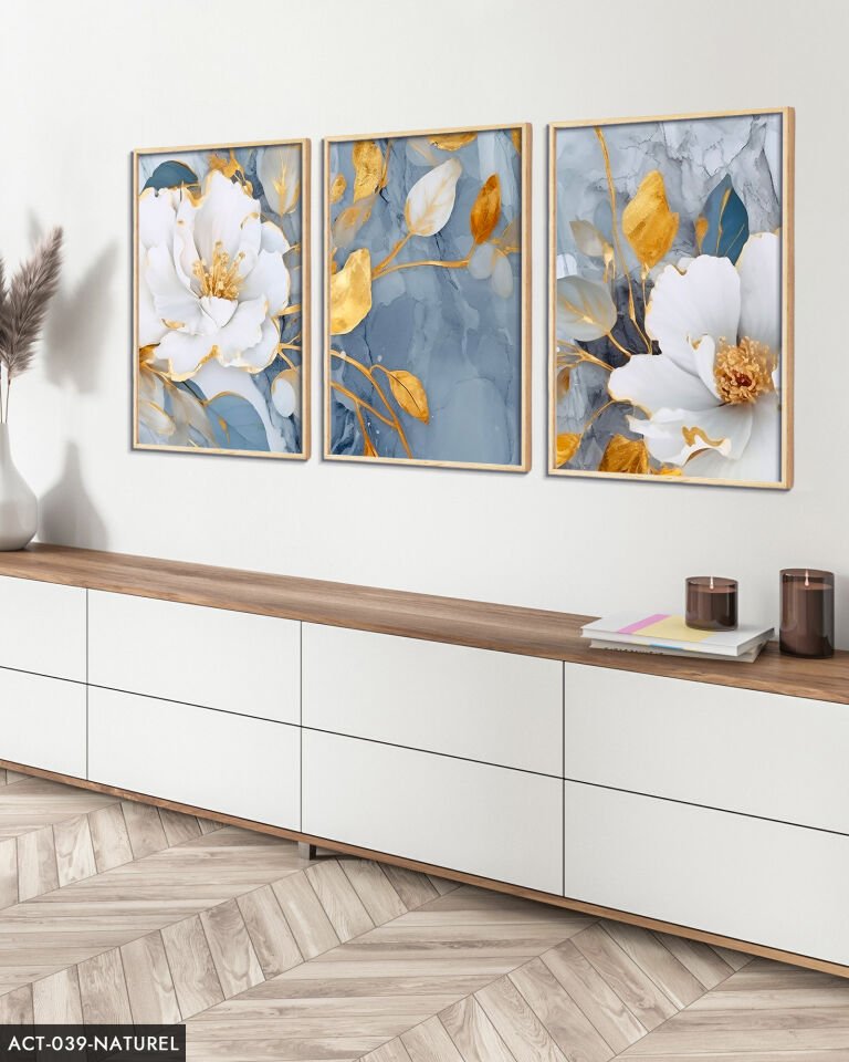 Mavi Renk Çiçekler 3 Parça Ahşap Çerçeveli Tablo ACT Siyah - 30 x 40 CM