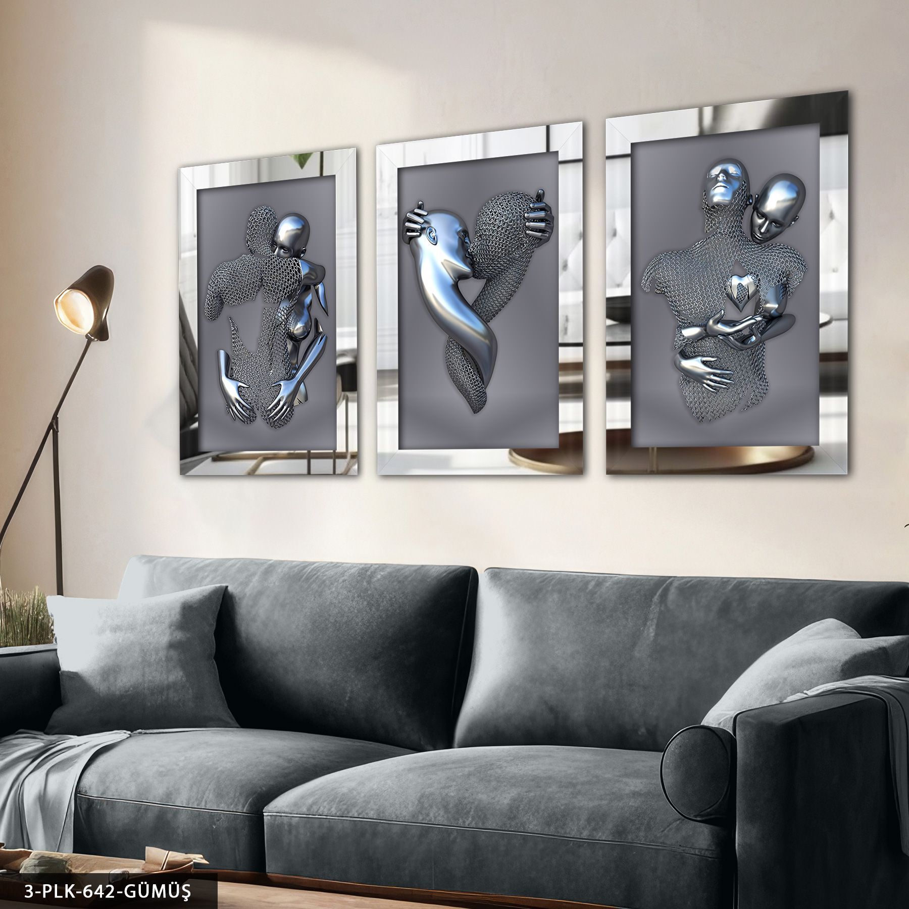 Aşk Temalı Sanatsal Heykel 3 Parça Pleksi Aynalı Tablo 50 x 70 CM - Gümüş