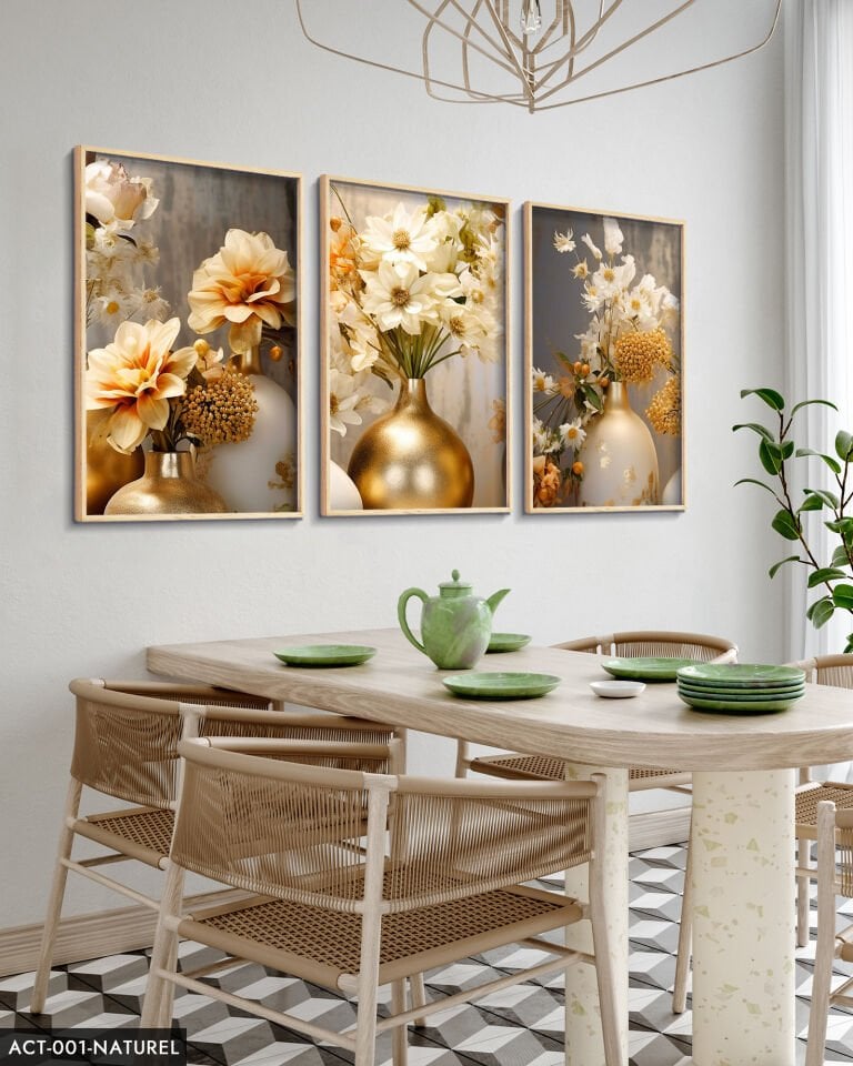 Vazoda Çiçekler 3 Parça Ahşap Çerçeveli Tablo Naturel - 20 x 30 CM