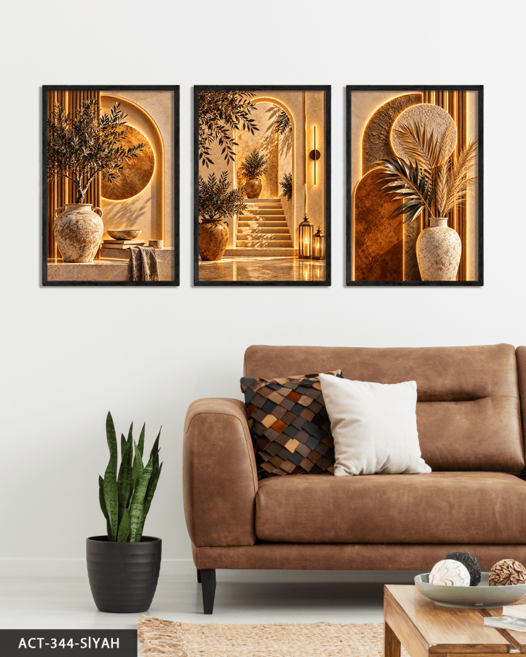 Boho Tarzda Taş Ev 3 Parça Ahşap Çerçeveli Tablo ACT Siyah - 50 x 70 CM