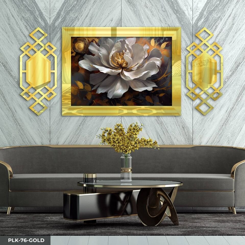 Gold Detaylı Yağlı Boya Görünümlü Çiçek Yan Dekorlu 3 Parça Pleksi Tablo DKRPLK 130 x 25 CM - Gold