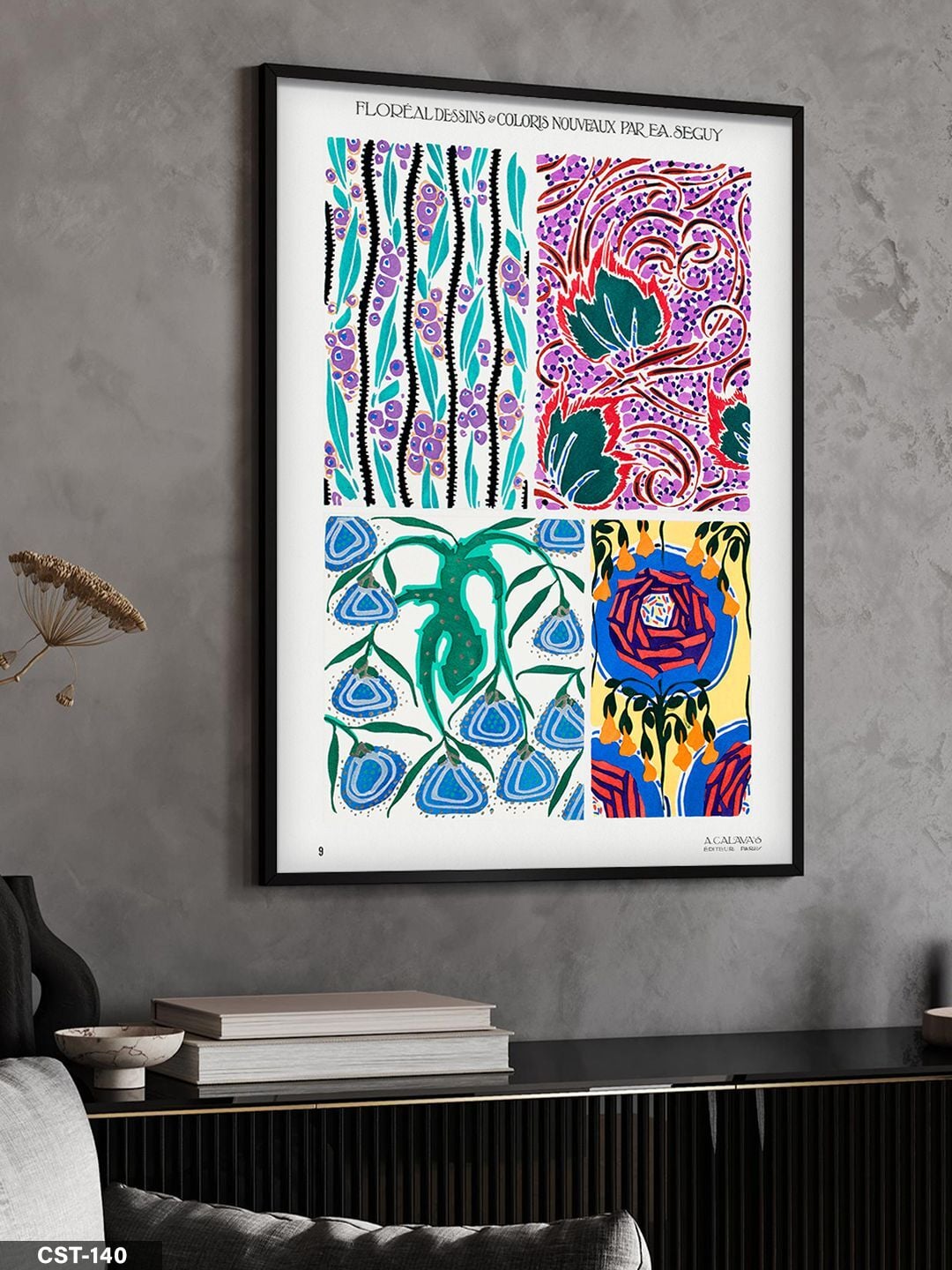 Mavi-mor Çiçek illüstrasyon Tek Parça Ahşap Çerçeveli Tablo Siyah - 50 x 70 CM