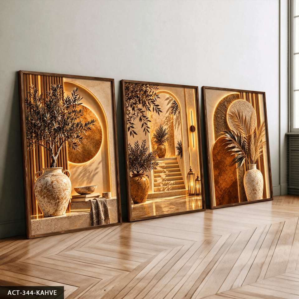Boho Tarzda Taş Ev 3 Parça Ahşap Çerçeveli Tablo ACT Kahverengi - 30 x 40 CM
