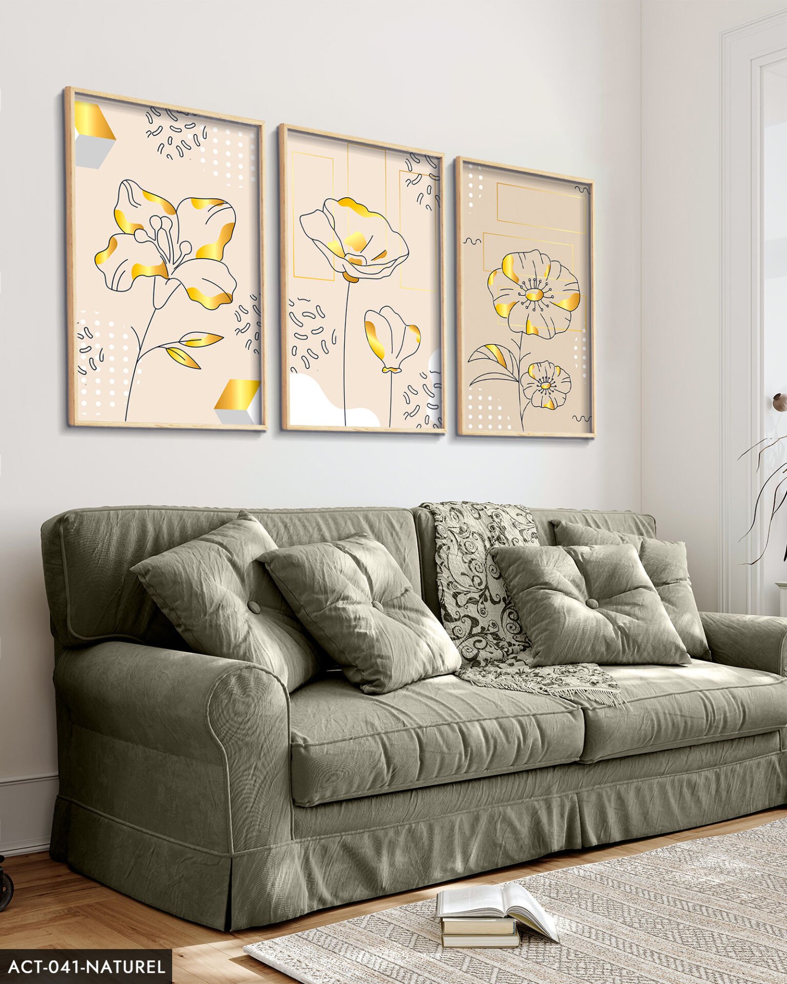 Çizim Çiçek 3 Parça Ahşap Çerçeveli Tablo ACT Siyah - 30 x 40 CM