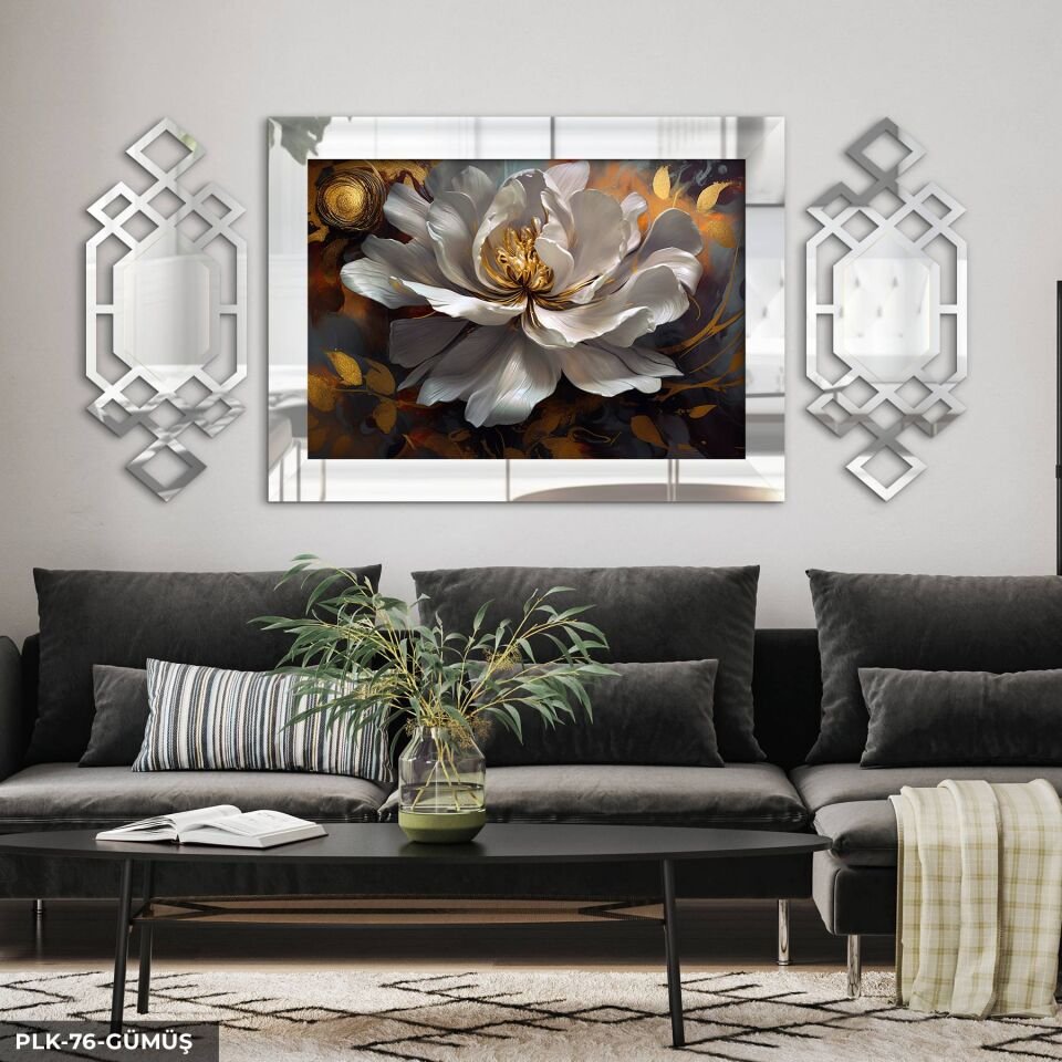Gold Detaylı Yağlı Boya Görünümlü Çiçek Yan Dekorlu 3 Parça Pleksi Tablo DKRPLK 130 x 25 CM - Gümüş