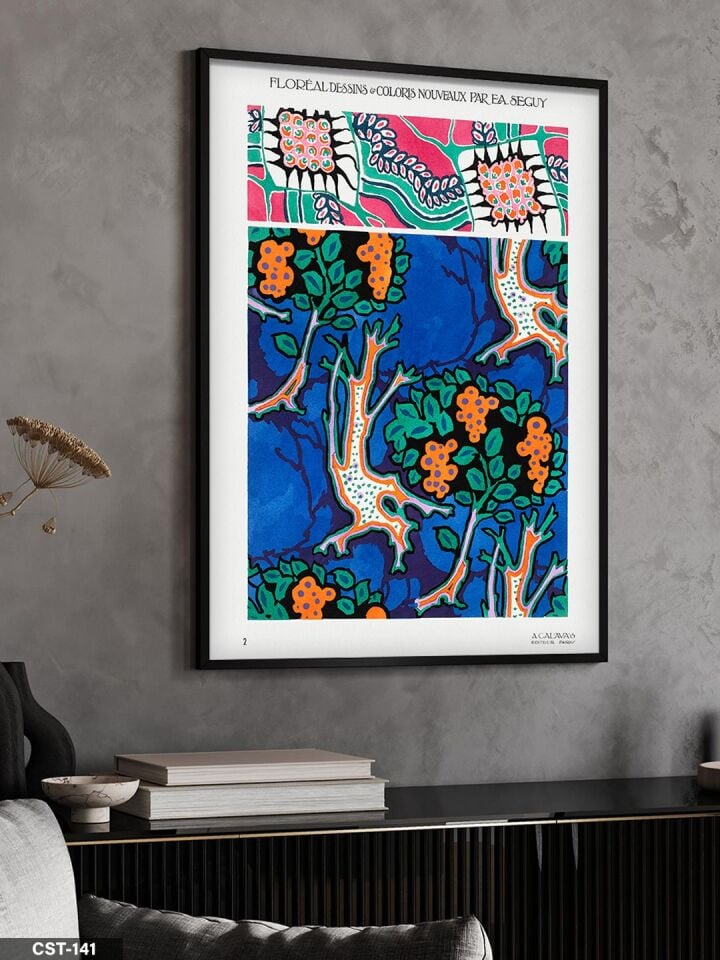 Mavi Fonlu Çiçek Desen Tek Parça Ahşap Çerçeveli Tablo Siyah - 50 x 70 CM