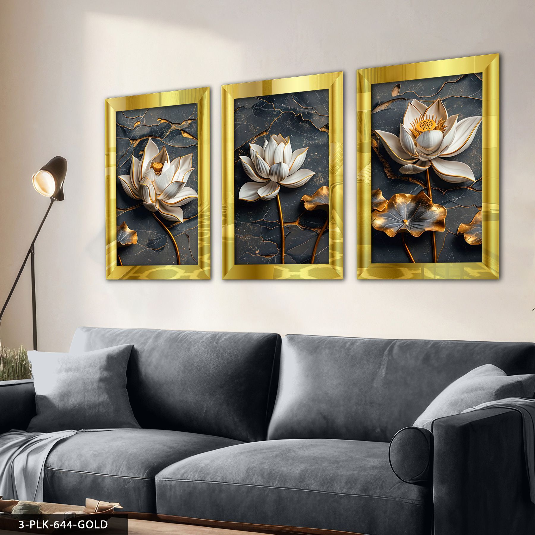 Çiçek 3D Görünümlü Arka Plan 3 Parça Pleksi Aynalı Tablo 50 x 70 CM - Gold