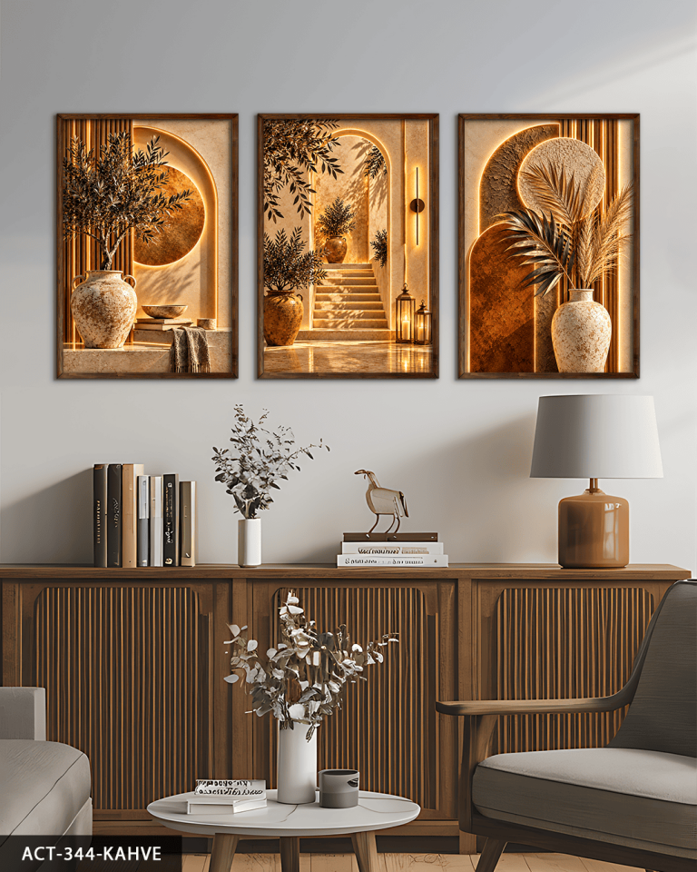 Boho Tarzda Taş Ev 3 Parça Ahşap Çerçeveli Tablo ACT Kahverengi - 40 x 60 CM