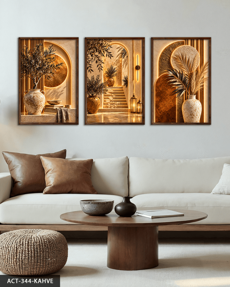 Boho Tarzda Taş Ev 3 Parça Ahşap Çerçeveli Tablo ACT Kahverengi - 40 x 60 CM