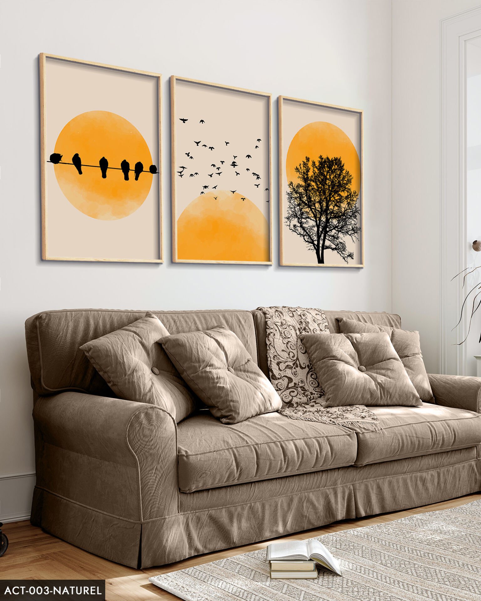 Soyut Doğa Ağaç Kuşlar Güneş 3 Parça Ahşap Çerçeveli Tablo ACT Naturel - 20 x 30 CM