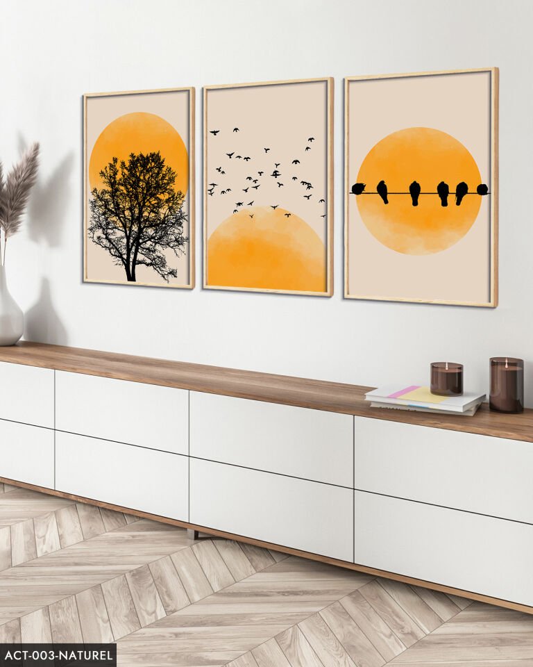Soyut Doğa Ağaç Kuşlar Güneş 3 Parça Ahşap Çerçeveli Tablo ACT Naturel - 20 x 30 CM