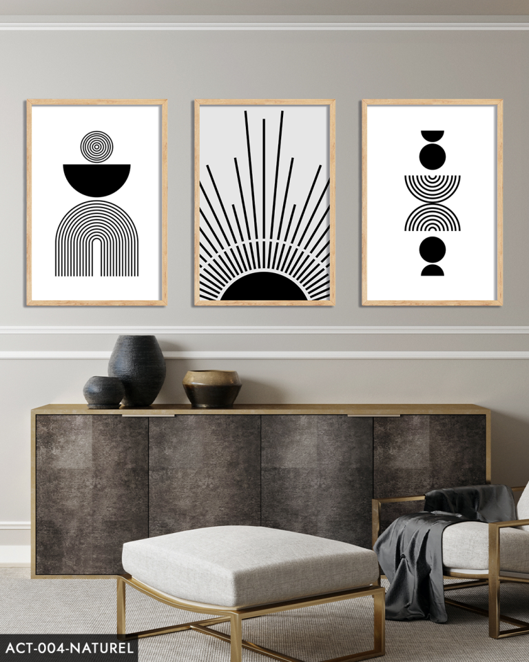 Soyut Desen Çizgiler 3 Parça Ahşap Çerçeveli Tablo ACT Naturel - 20 x 30 CM