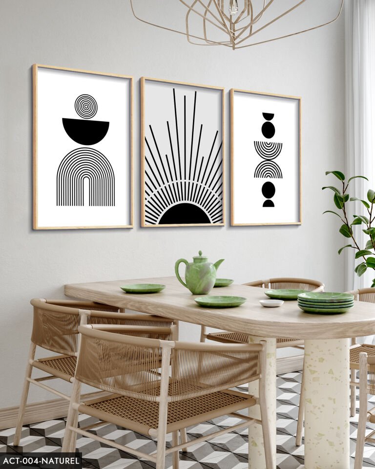 Soyut Desen Çizgiler 3 Parça Ahşap Çerçeveli Tablo ACT Naturel - 20 x 30 CM