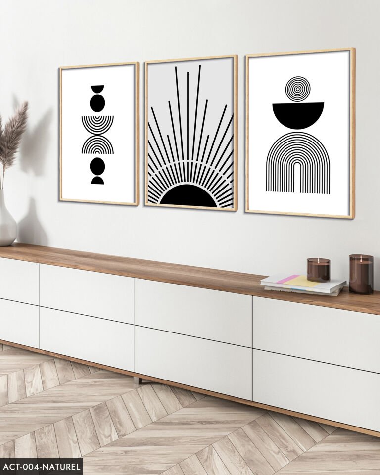 Soyut Desen Çizgiler 3 Parça Ahşap Çerçeveli Tablo ACT Naturel - 20 x 30 CM