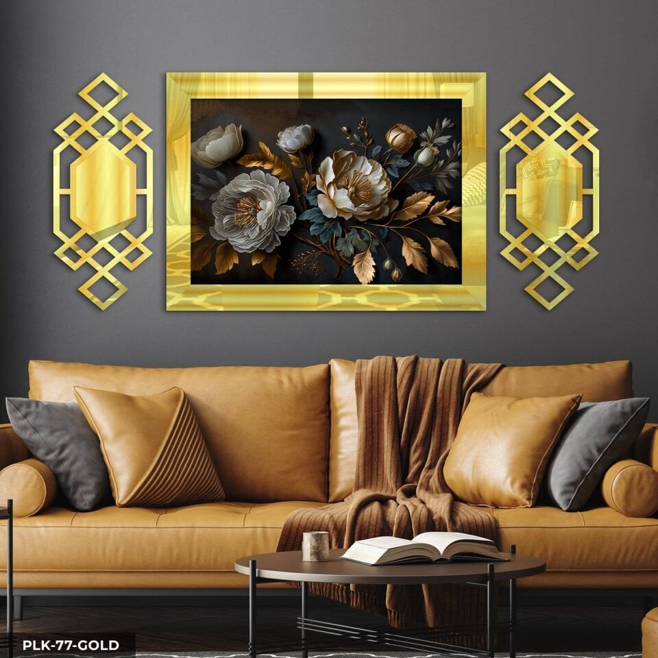 Dokulu Görünüm Beyaz Çiçek Yan Dekorlu 3 Parça Pleksi Tablo DKRPLK 130 x 25 CM - Gold