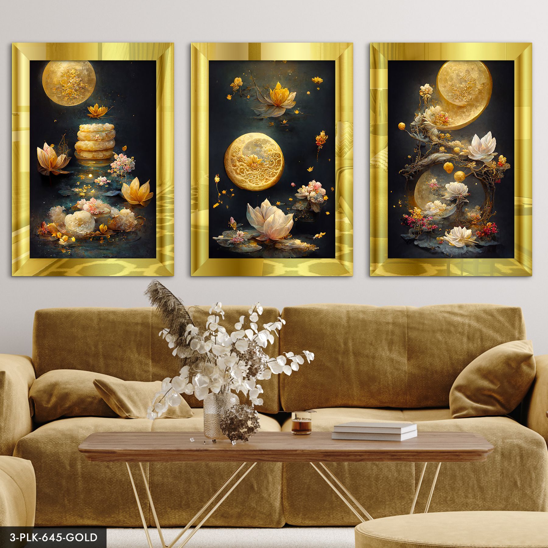 Soyut Sanatsal Tasarım 3 Parça Pleksi Aynalı Tablo 50 x 70 CM - Gold