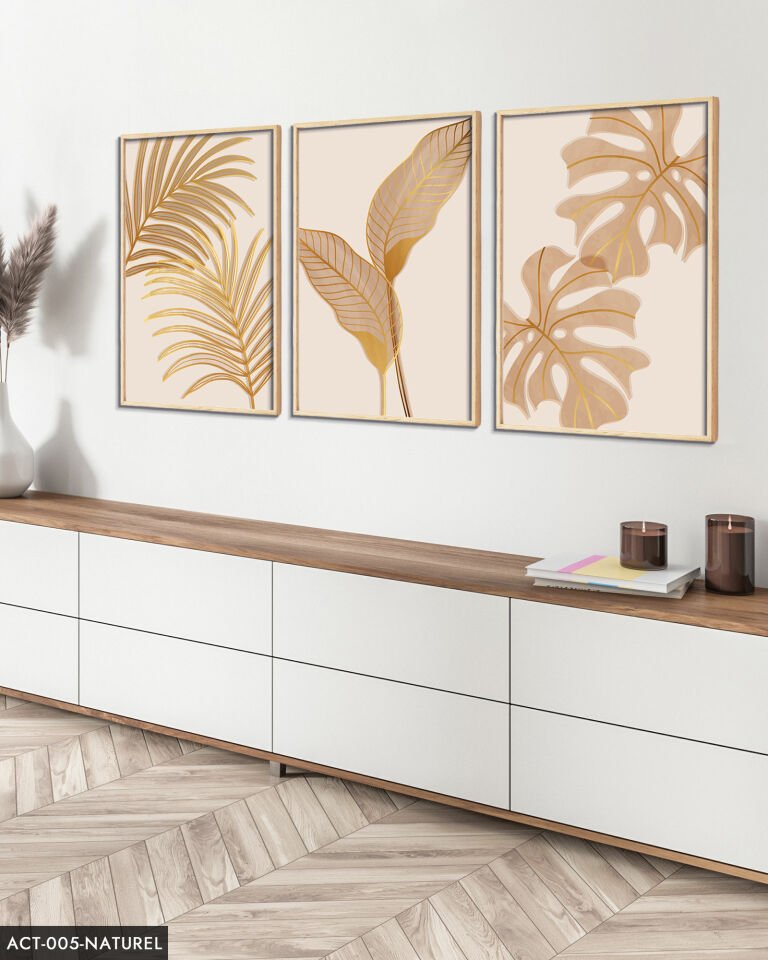 Botanik Altın Yapraklı Çiçek 3 Parça Ahşap Çerçeveli Tablo ACT Naturel - 20 x 30 CM