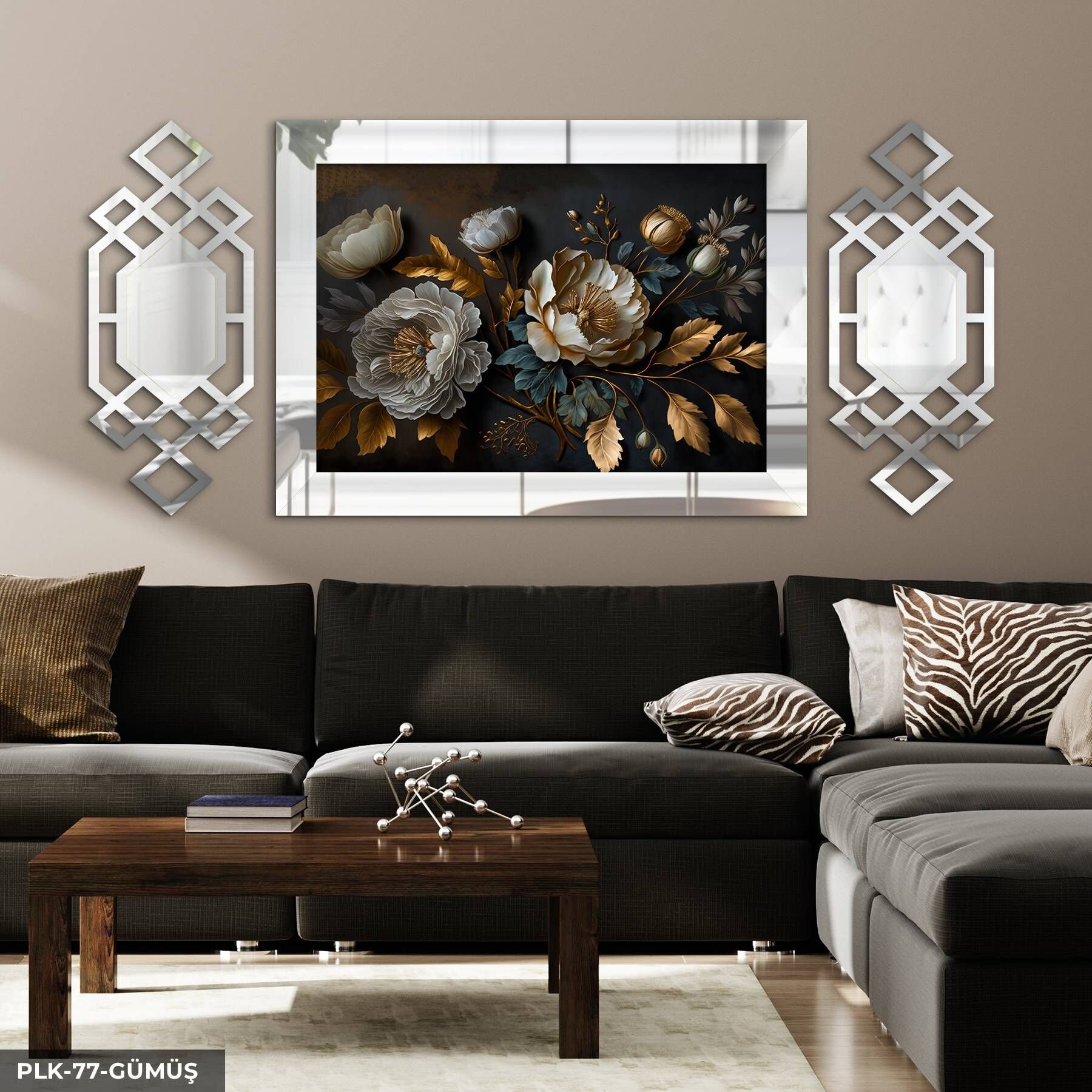 Dokulu Görünüm Beyaz Çiçek Yan Dekorlu 3 Parça Pleksi Tablo DKRPLK 130 x 25 CM - Gümüş