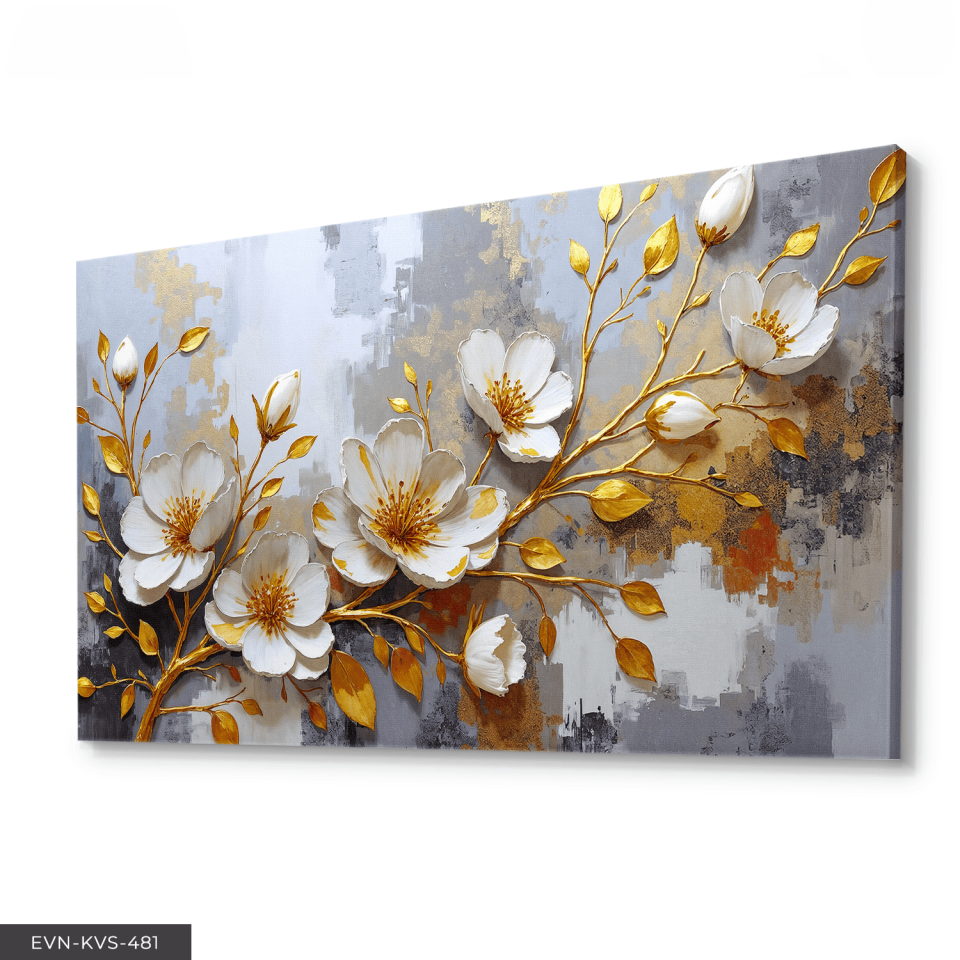 Gold Yapraklı Beyaz Çiçek Tek Parça Kanvas - Canvas Tablo 65 x 45 CM - Çok Renkli