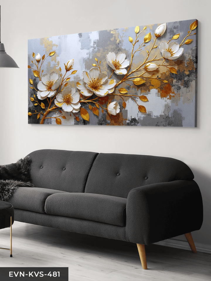 Gold Yapraklı Beyaz Çiçek Tek Parça Kanvas - Canvas Tablo 65 x 45 CM - Çok Renkli