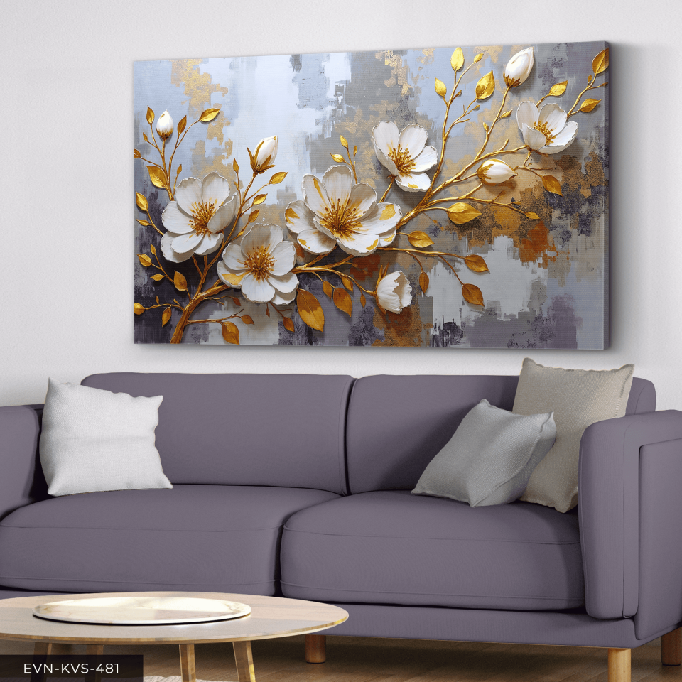 Gold Yapraklı Beyaz Çiçek Tek Parça Kanvas - Canvas Tablo 65 x 45 CM - Çok Renkli