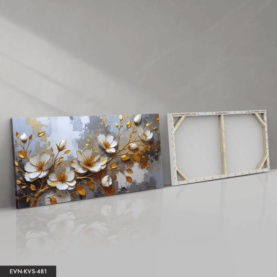 Gold Yapraklı Beyaz Çiçek Tek Parça Kanvas - Canvas Tablo 65 x 45 CM - Çok Renkli