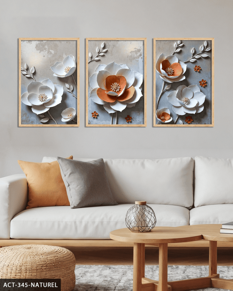 Dokulu Görünüm Beyaz Turuncu Çiçek 3 Parça Ahşap Çerçeveli Tablo ACT Naturel - 30 x 40 CM