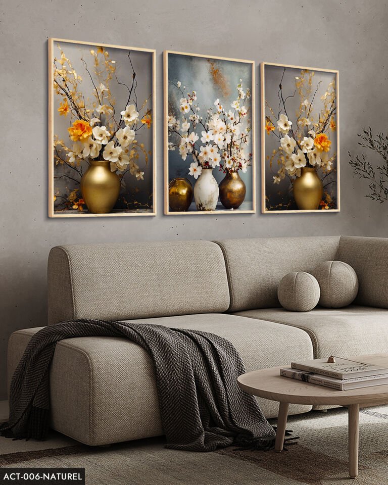 Vazodaki Çiçekler 3 Parça Ahşap Çerçeveli Tablo ACT Naturel - 20 x 30 CM