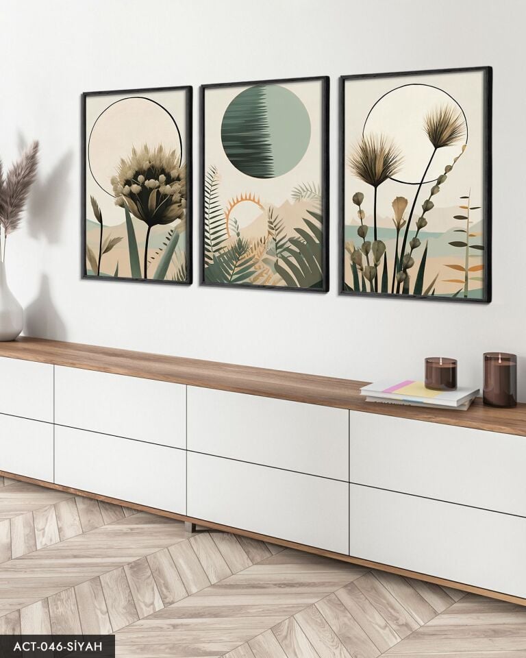 Boho Tarzı Suluboya Görünümlü 3 Parça Ahşap Çerçeveli Tablo ACT Siyah - 30 x 40 CM