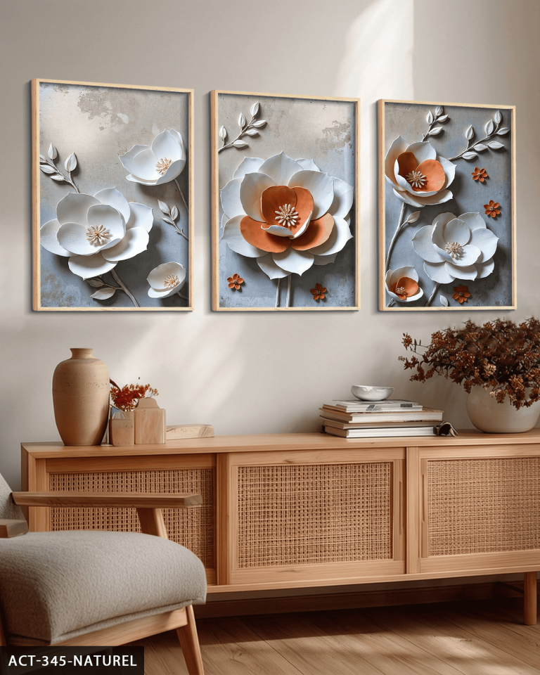 Dokulu Görünüm Beyaz Turuncu Çiçek 3 Parça Ahşap Çerçeveli Tablo ACT Naturel - 40 x 60 CM