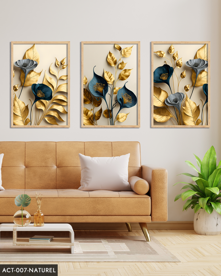 Zarif Altın Yapraklı Çiçekler 3 Parça Ahşap Çerçeveli Tablo ACT Naturel - 20 x 30 CM