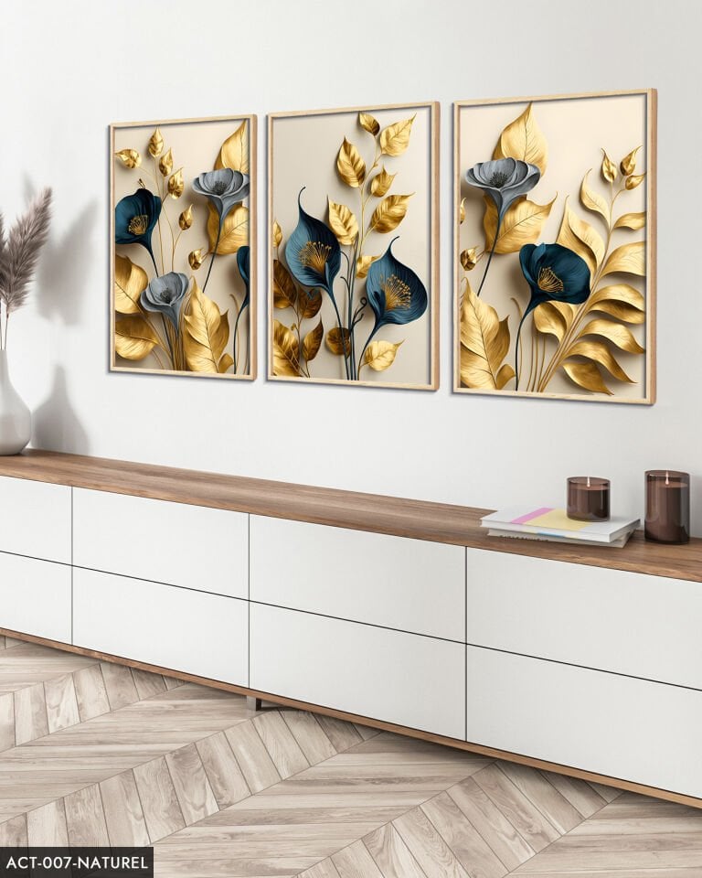Zarif Altın Yapraklı Çiçekler 3 Parça Ahşap Çerçeveli Tablo ACT Naturel - 20 x 30 CM