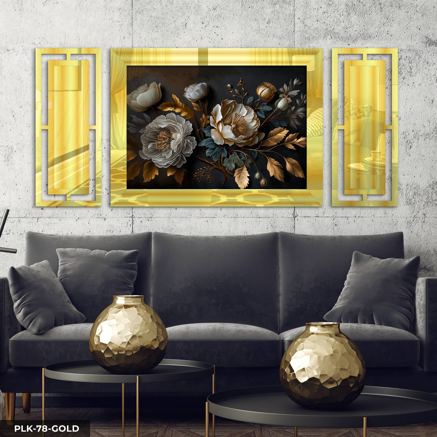 Dokulu Görünüm Beyaz Çiçek Yan Dekorlu 3 Parça Pleksi Tablo DKRPLK 130 x 25 CM - Gold