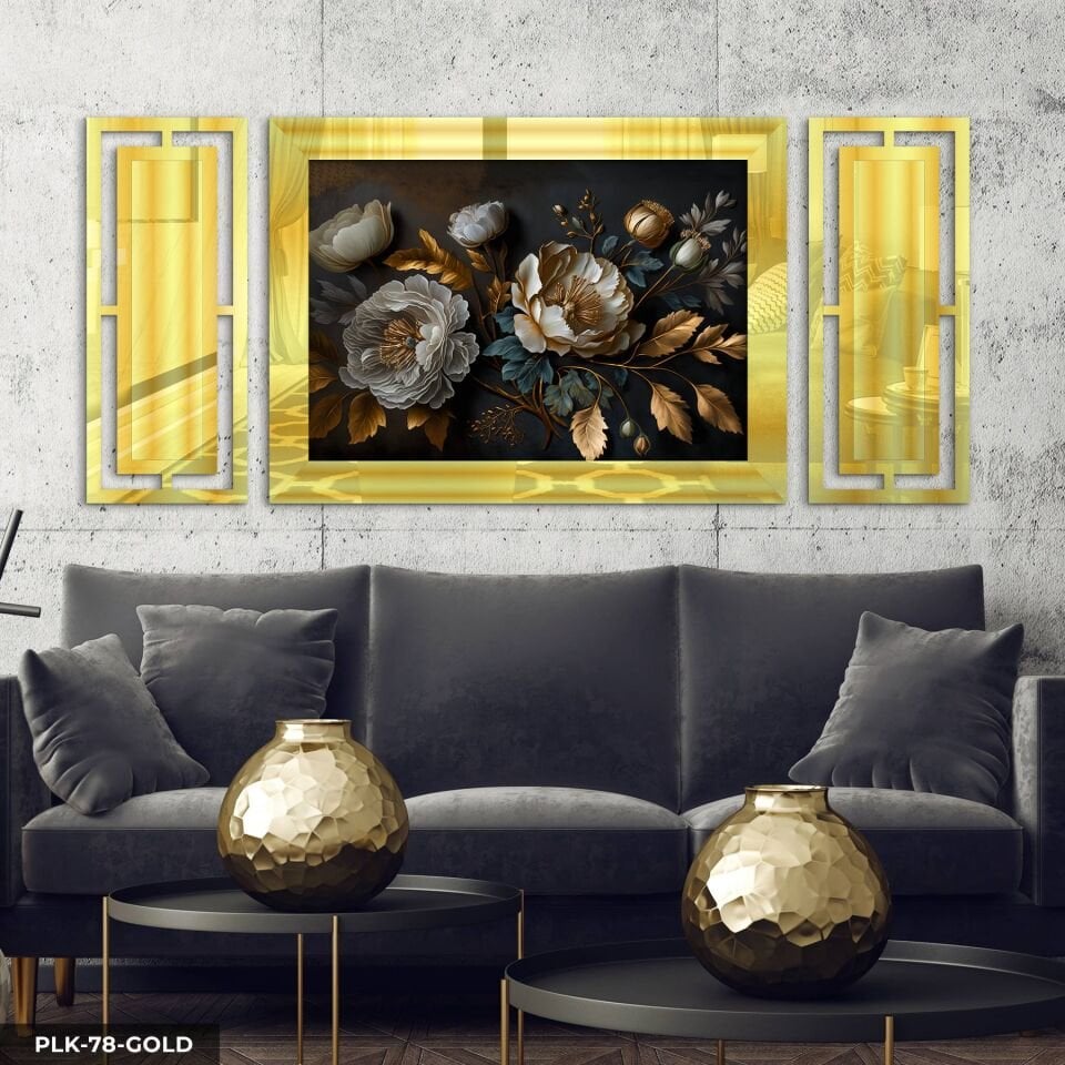 Dokulu Görünüm Beyaz Çiçek Yan Dekorlu 3 Parça Pleksi Tablo DKRPLK 130 x 25 CM - Gold