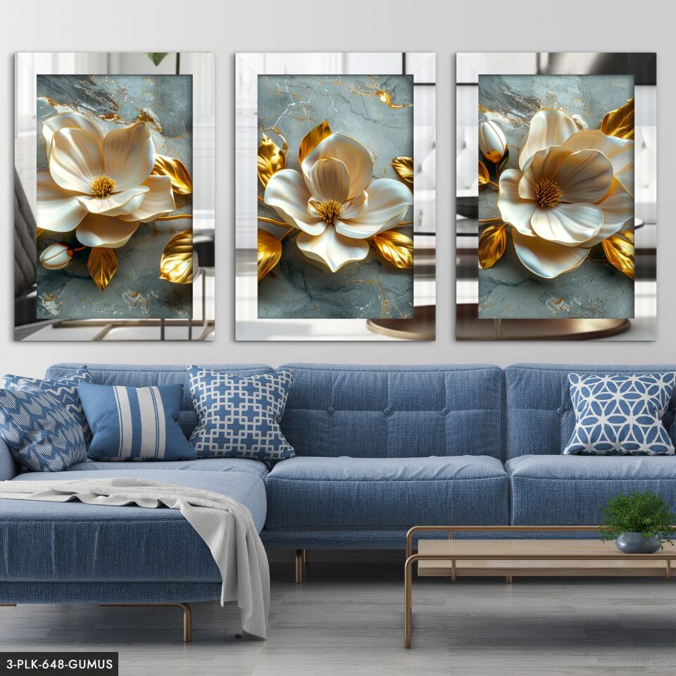 Gold Yapraklı Beyaz Çiçek 3 Parça Pleksi Aynalı Tablo 50 x 70 CM - Gümüş