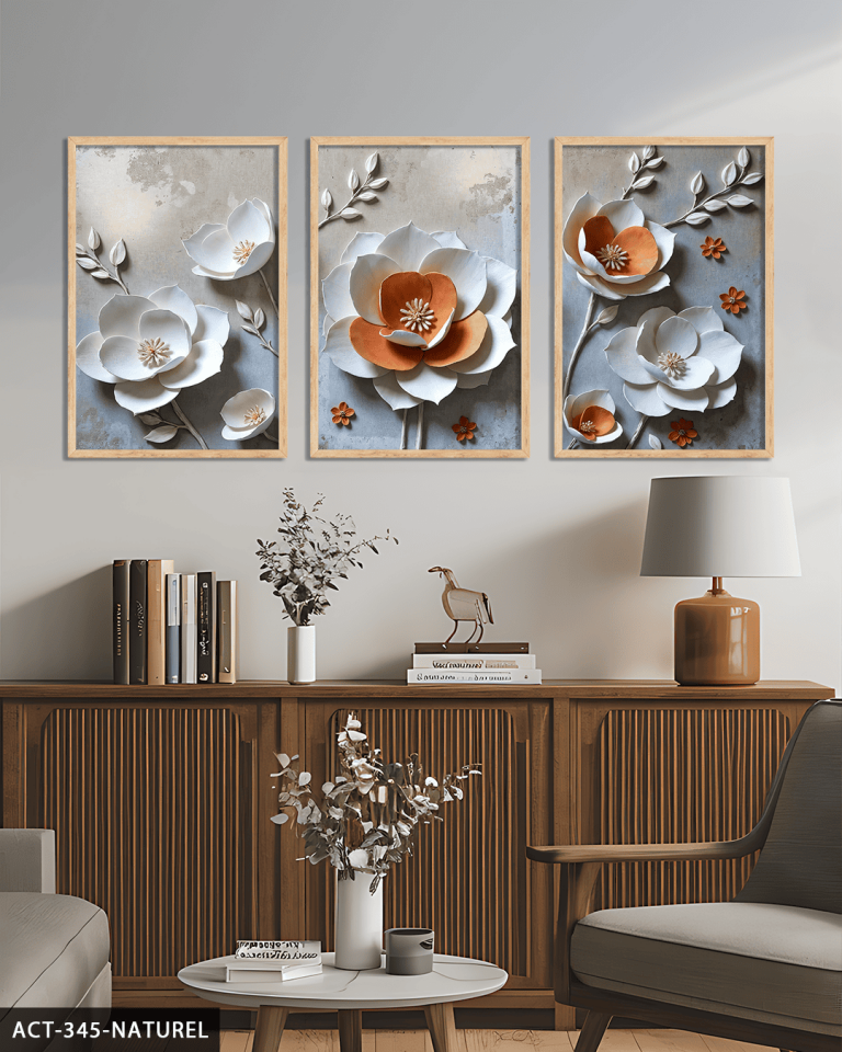 Dokulu Görünüm Beyaz Turuncu Çiçek 3 Parça Ahşap Çerçeveli Tablo ACT Naturel - 50 x 70 CM
