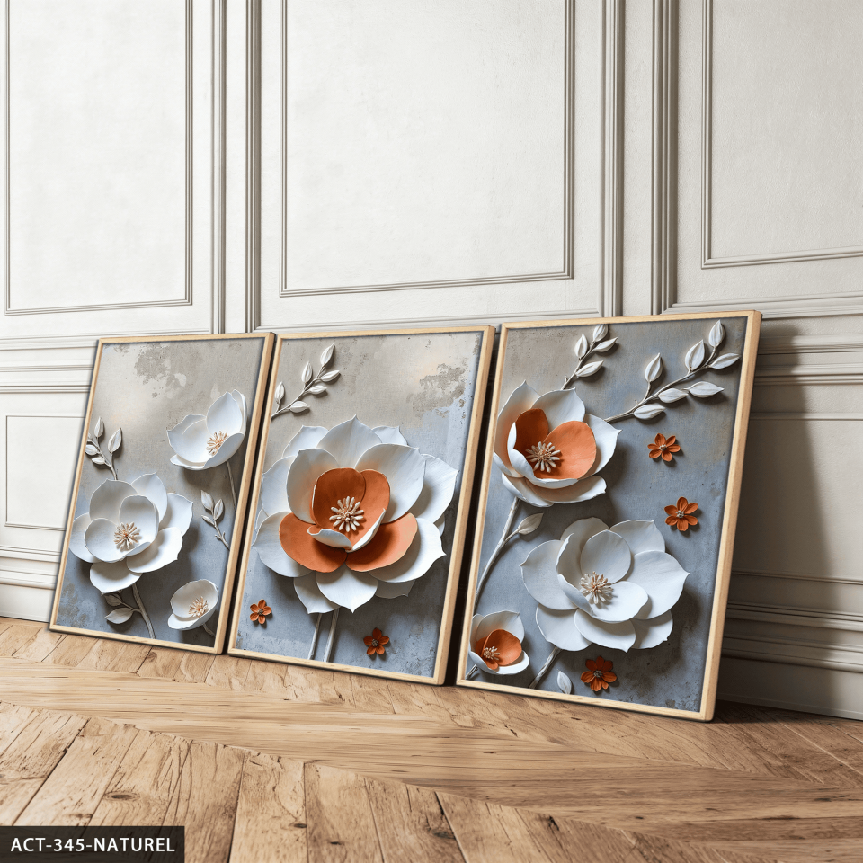 Dokulu Görünüm Beyaz Turuncu Çiçek 3 Parça Ahşap Çerçeveli Tablo ACT Naturel - 50 x 70 CM