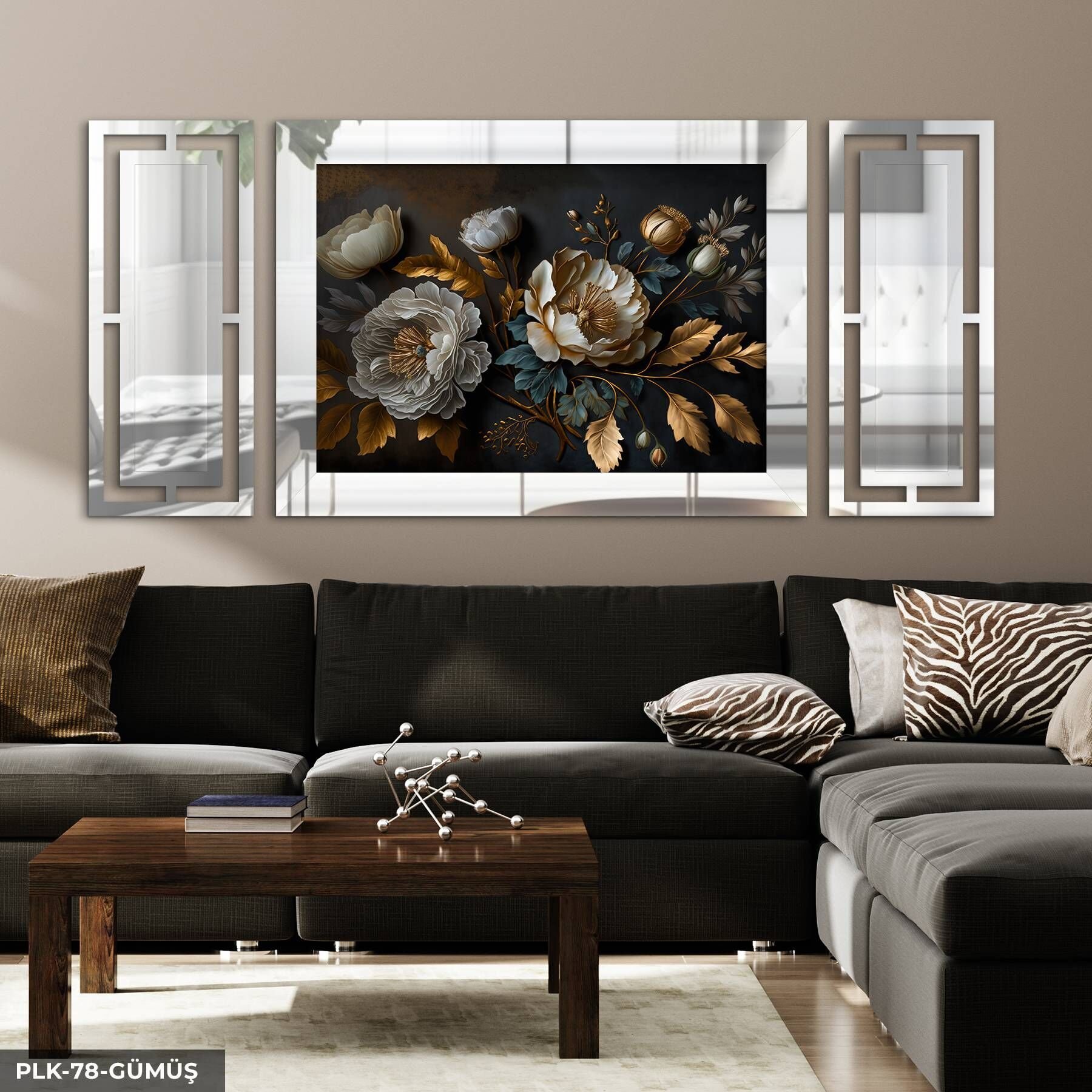 Dokulu Görünüm Beyaz Çiçek Yan Dekorlu 3 Parça Pleksi Tablo DKRPLK 130 x 25 CM - Gümüş