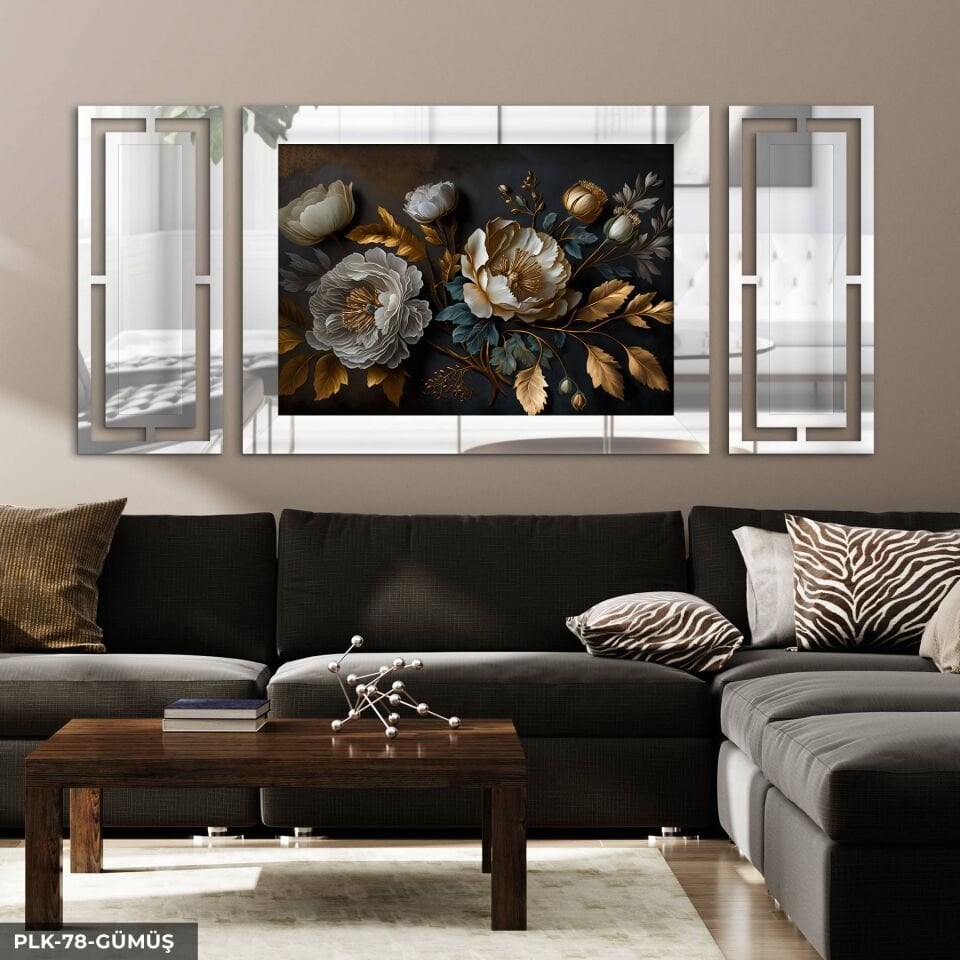 Dokulu Görünüm Beyaz Çiçek Yan Dekorlu 3 Parça Pleksi Tablo DKRPLK 130 x 25 CM - Gümüş