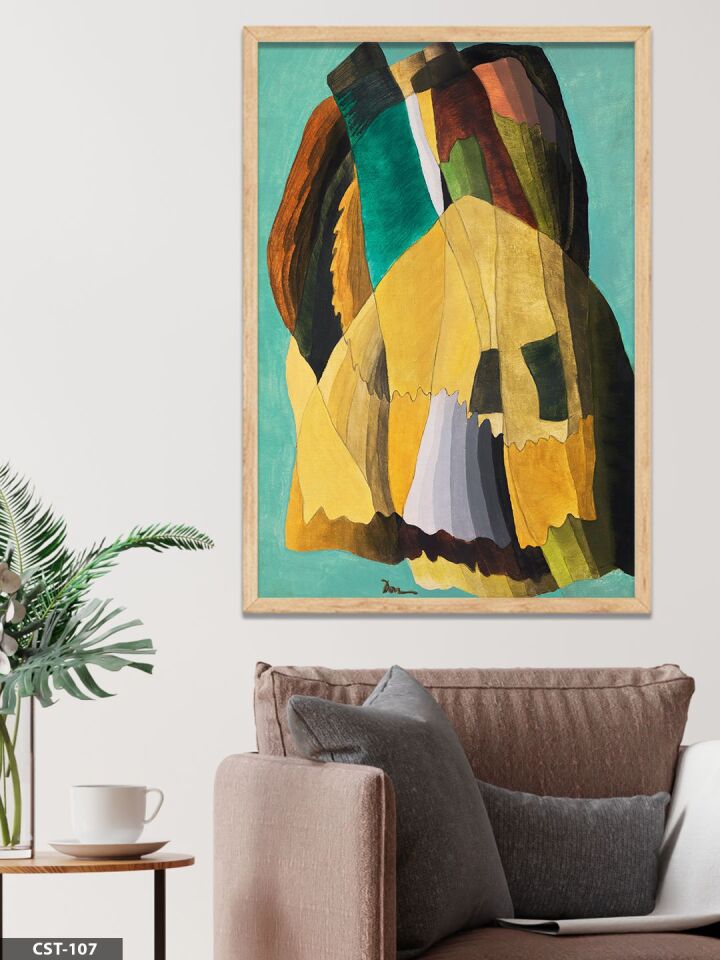 Sarı-yeşil Tonlarda Soyut Figür Tek Parça Ahşap Çerçeveli Tablo Naturel - 40 x 60 CM