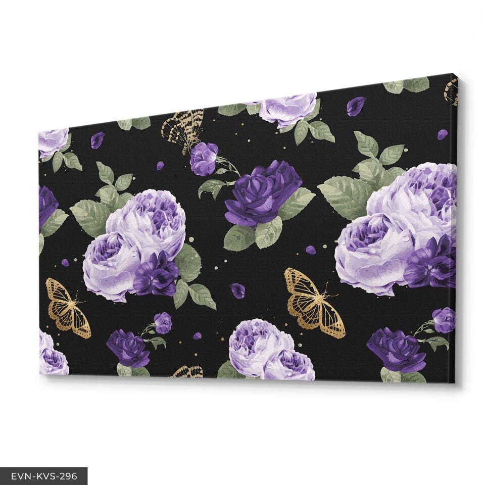 Mor Çiçekler Kelebek Tek Parça Kanvas - Canvas Tablo