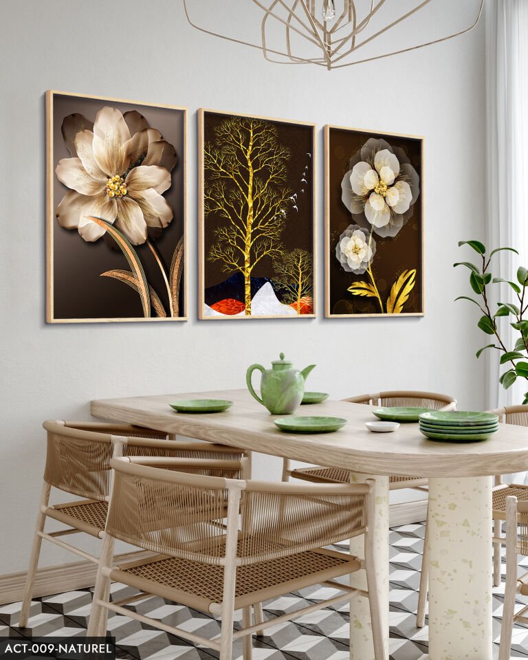 Çiçek Ağaç 3 Parça Ahşap Çerçeveli Tablo ACT Naturel - 20 x 30 CM