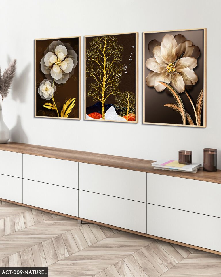 Çiçek Ağaç 3 Parça Ahşap Çerçeveli Tablo ACT Naturel - 20 x 30 CM