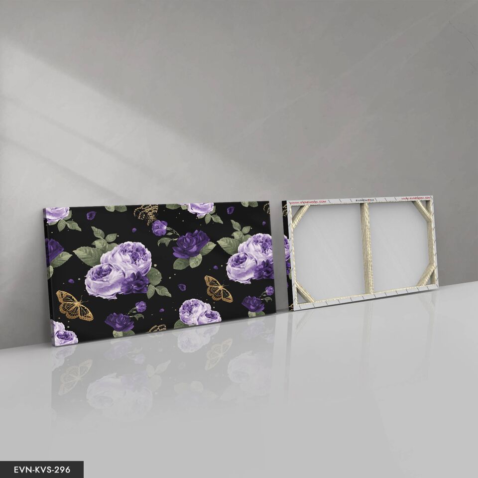 Mor Çiçekler Kelebek Tek Parça Kanvas - Canvas Tablo