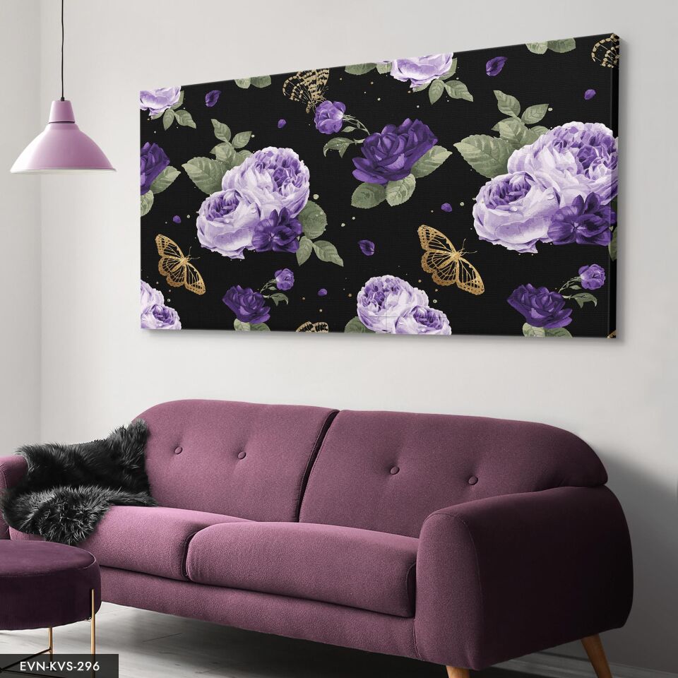 Mor Çiçekler Kelebek Tek Parça Kanvas - Canvas Tablo