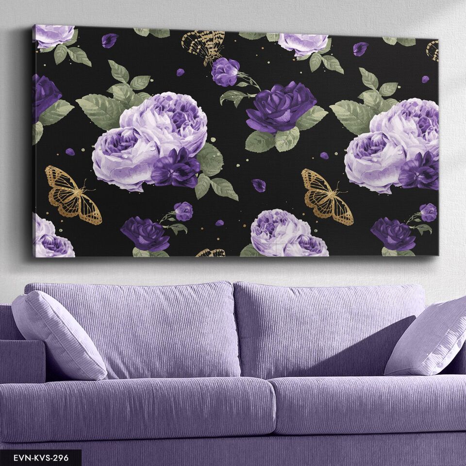 Mor Çiçekler Kelebek Tek Parça Kanvas - Canvas Tablo