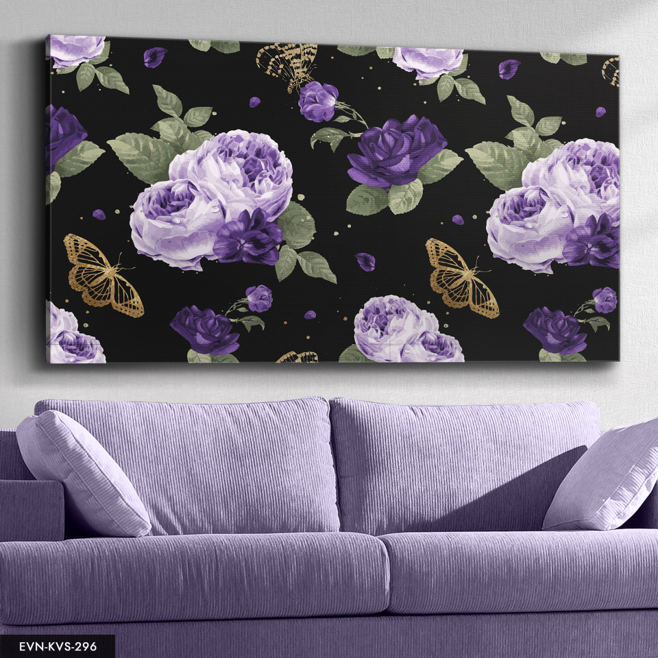Mor Çiçekler Kelebek Tek Parça Kanvas - Canvas Tablo 40 x 30 CM - Çok Renkli